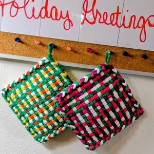 Festive Woven Holiday Potholders - Green and Pink